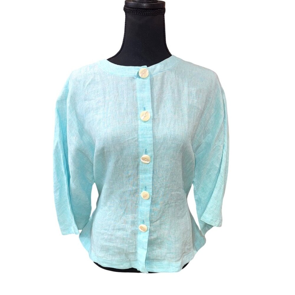 Worth New York Womens M Sky Blue Linen Button Front Blouse Waist Tie Sustainable